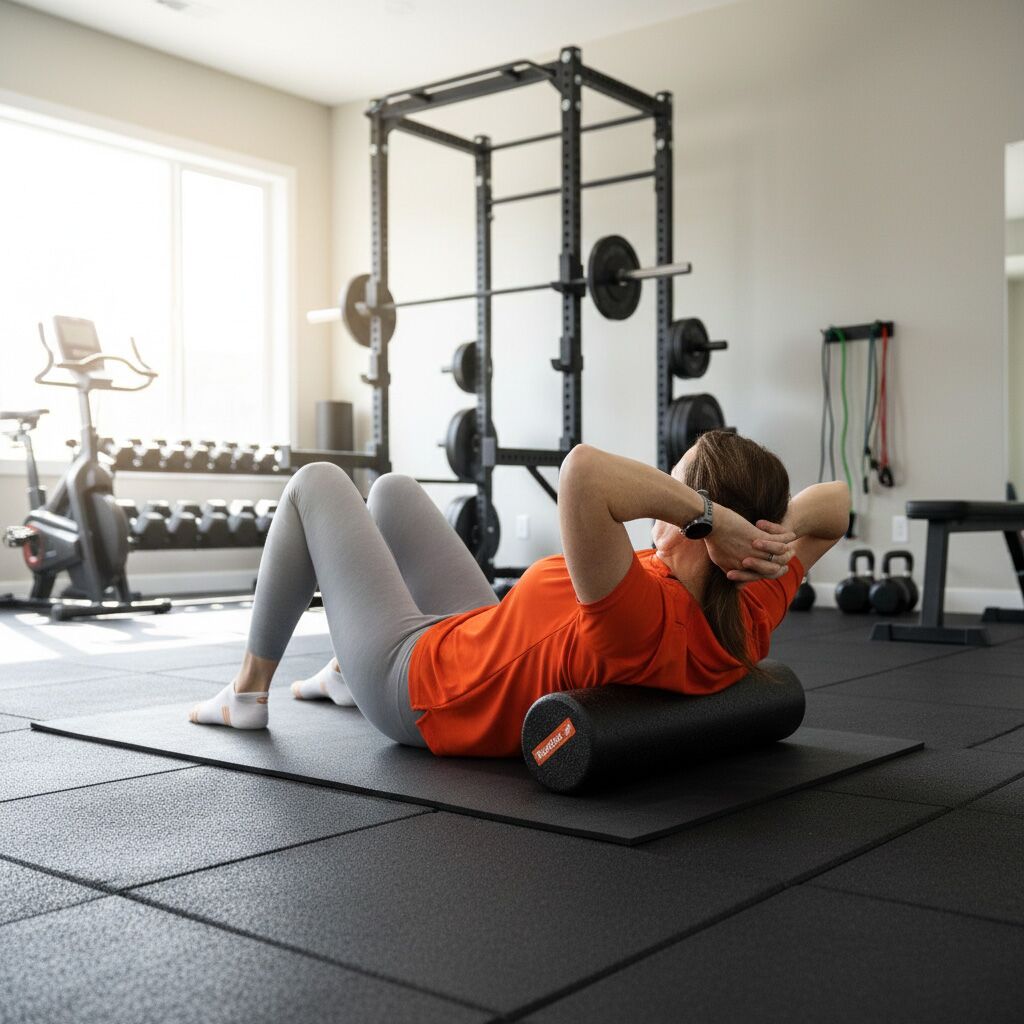 An athlete using a muscle roller on their back with a foam roller for stretching nearby to assist with post-workout recovery.