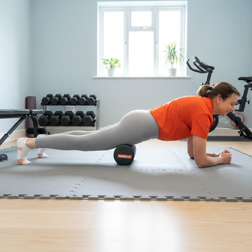 An athlete using a muscle roller on their Quadriceps with a foam roller for stretching nearby to assist with post-workout recovery.